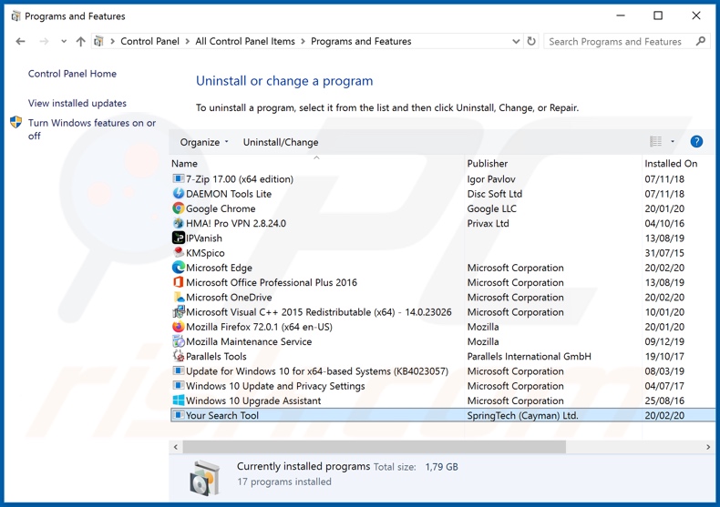 search.yoursearchtool.com browser hijacker uninstall via Control Panel