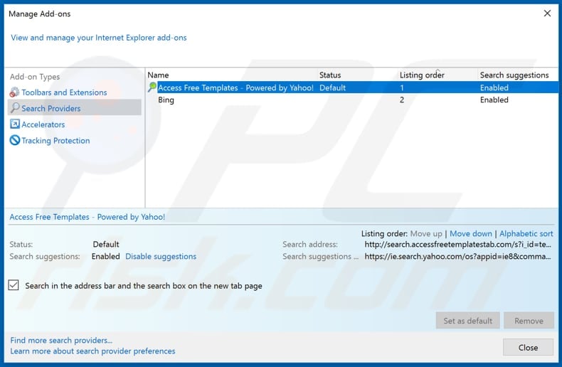 Removing search.accessfreetemplatestab.com from Internet Explorer default search engine