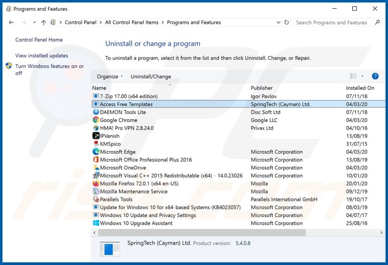 search.accessfreetemplatestab.com browser hijacker uninstall via Control Panel