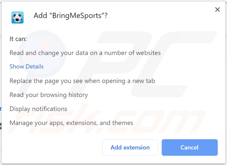 BringMeSports browser hijacker asking for permissions