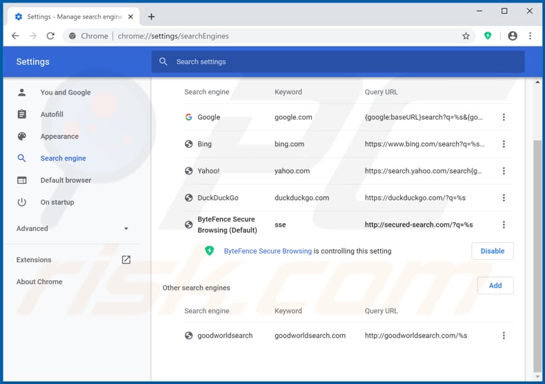 Removing secured-search.com from Google Chrome default search engine