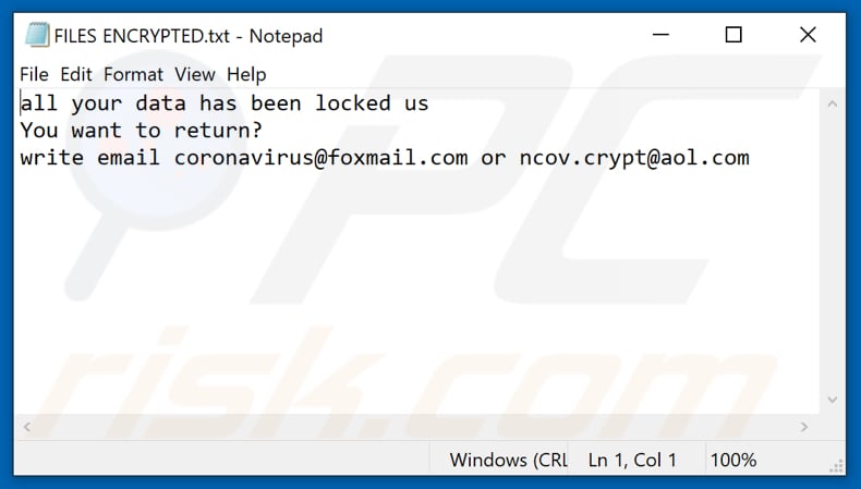 C-VIR ransomware text file (FILES ENCRYPTED.txt)