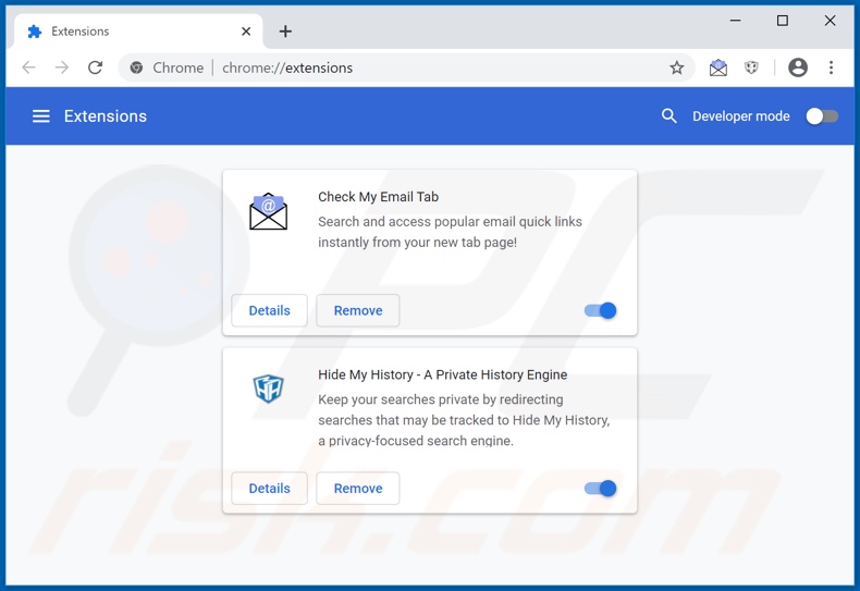 Removing search.hcheckmyemail.co related Google Chrome extensions