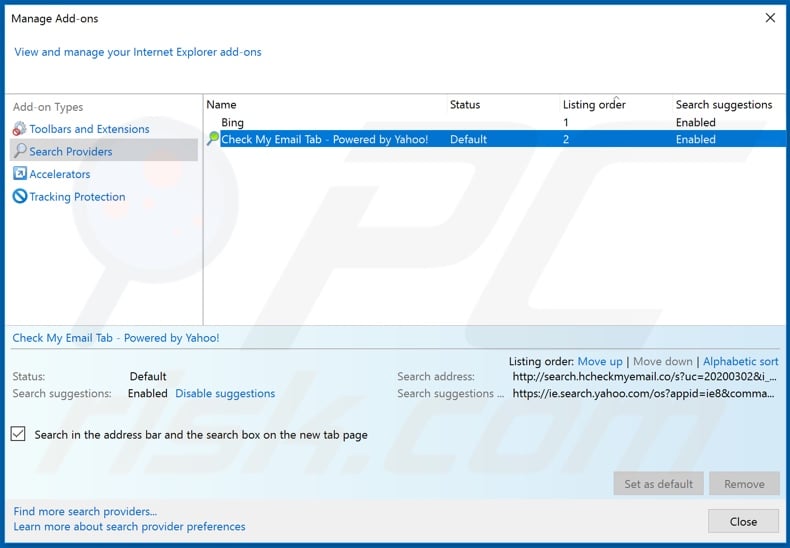 Removing search.hcheckmyemail.co from Internet Explorer default search engine