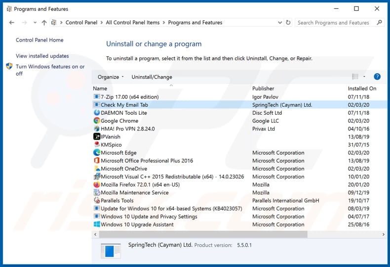 search.hcheckmyemail.co browser hijacker uninstall via Control Panel