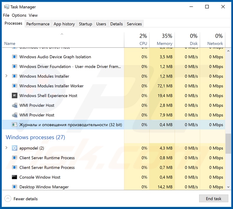 AZORult process on task manager