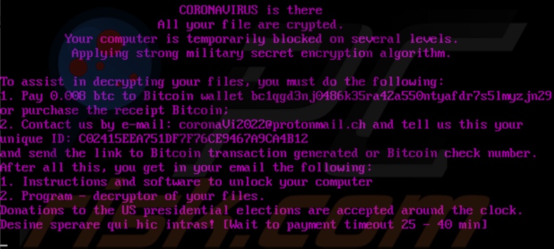 CoronaVi2022 decrypt instructions (ransom message displayed after the reboot)