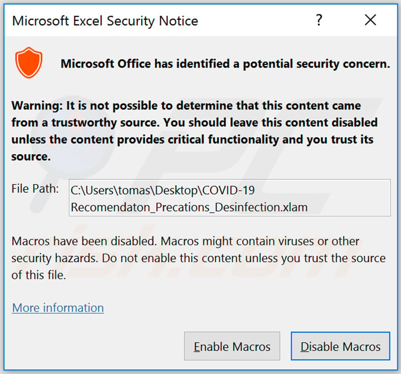 Pop-up asking to enable macro commands once the malicious MS Excel file is opened
