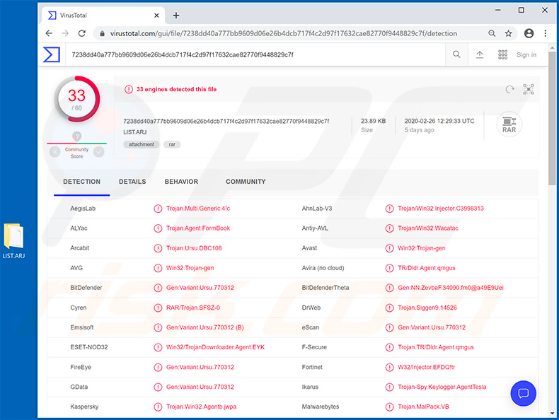 Malicious LIST.ARJ file used to inject FormBook trojan into the system