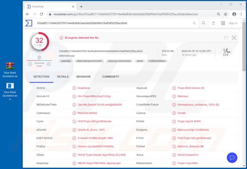 Coronavirus Face Mask email attachment detection on VirusTotal (Face Mask Quotation.exe in Face Mask Quotation.rar)