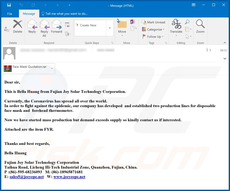 Coronavirus Face Mask Email Virus malware-spreading email spam campaign