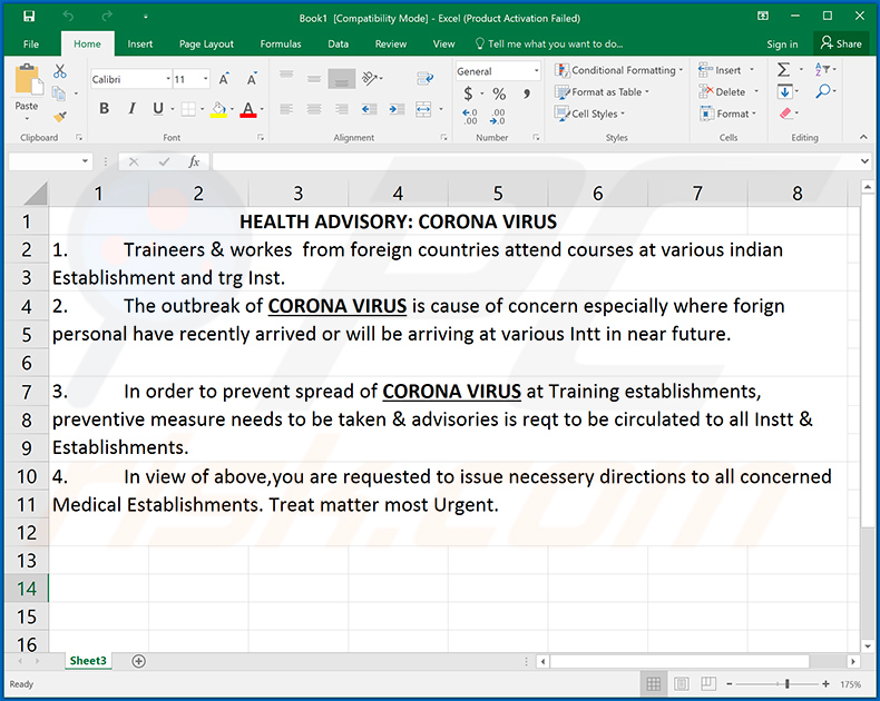Malicious Coronavirus-related MS Excel document injecting Remcos RAT into the system