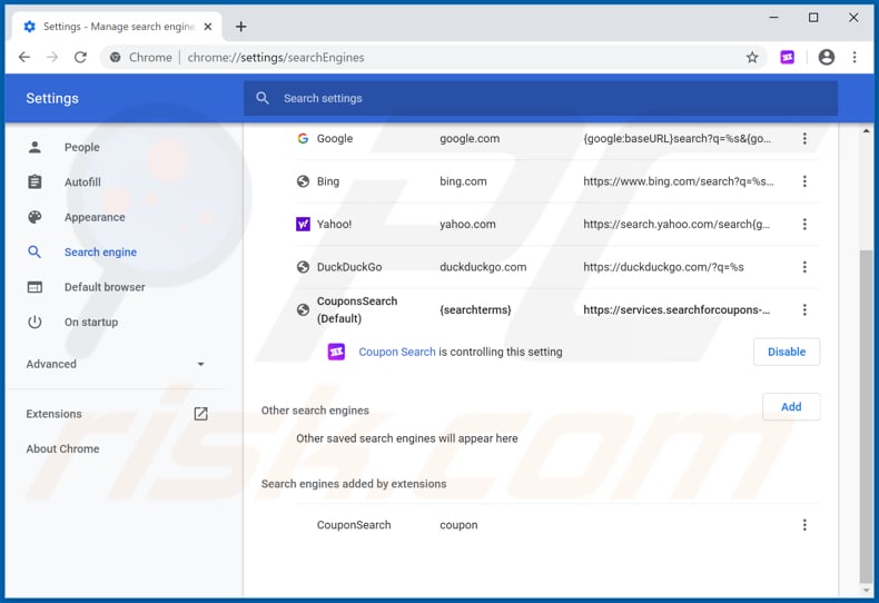 Removing searchforcoupons-svc.org from Google Chrome default search engine