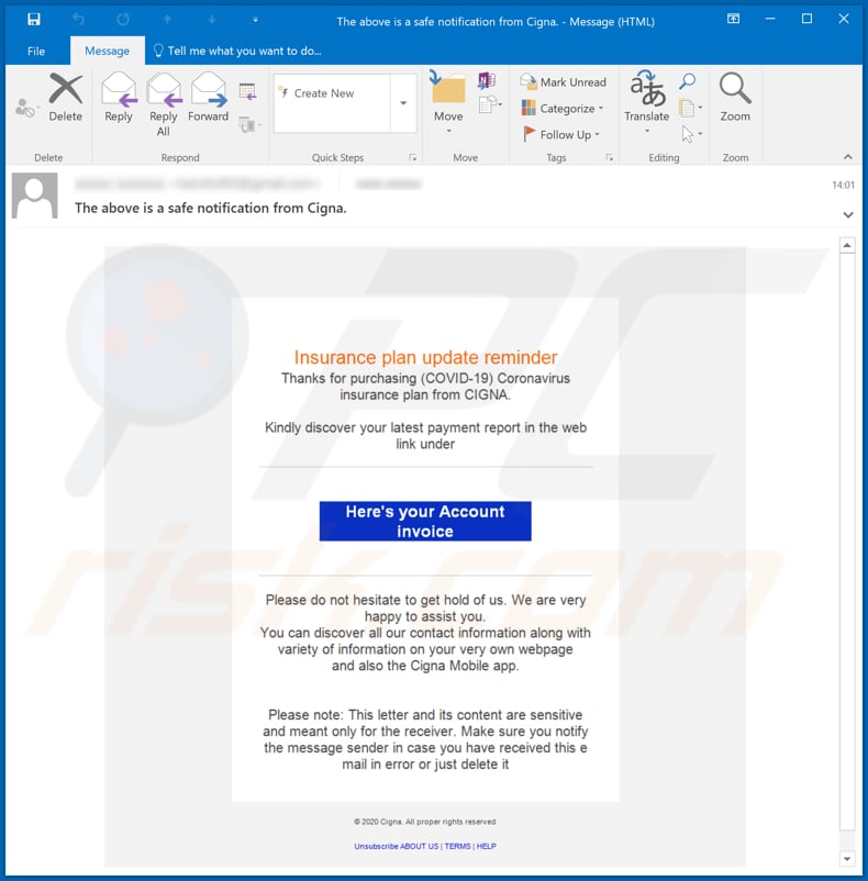 COVID-19 Insurance Plan From CIGNA Email Virus malware-spreading email spam campaign