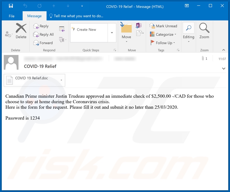 COVID-19 Relief Email Virus malware-spreading email spam campaign