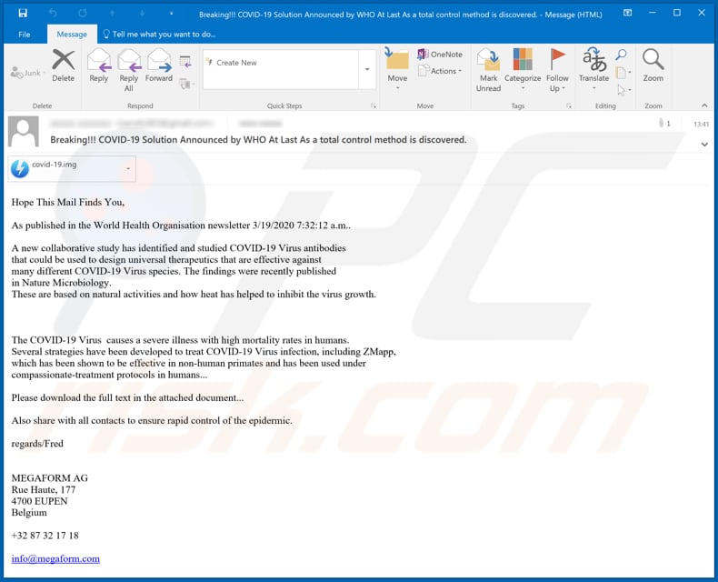 COVID-19 Solution Announced by WHO malware-spreading email spam campaign