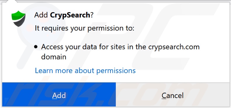 CrypSearch browser hijacker asking for permissions on Firefox