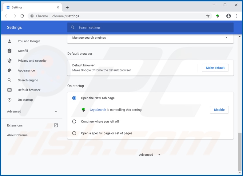 Removing crypsearch.com from Google Chrome homepage