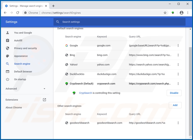 Removing crypsearch.com from Google Chrome default search engine