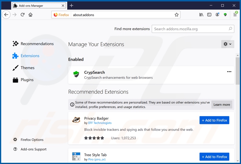 Removing crypsearch.com related Mozilla Firefox extensions