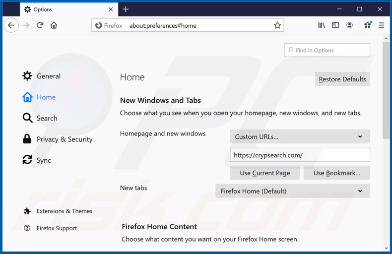 Removing crypsearch.com from Mozilla Firefox homepage