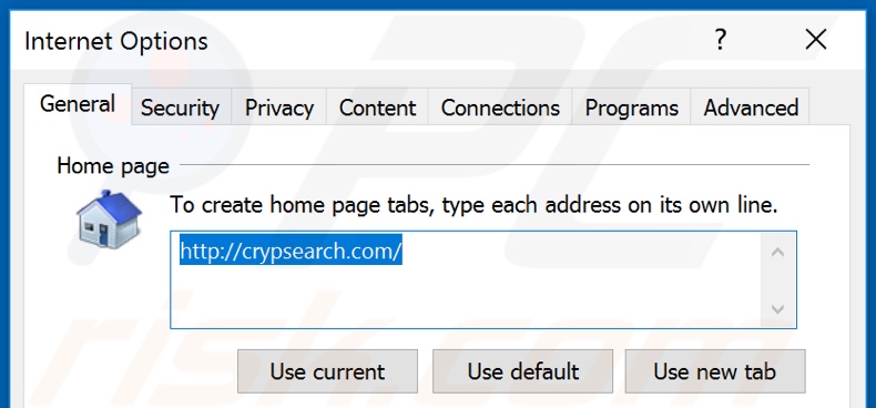 Removing crypsearch.com from Internet Explorer homepage