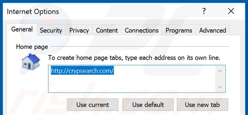 Removing crypsearch.com from Internet Explorer homepage