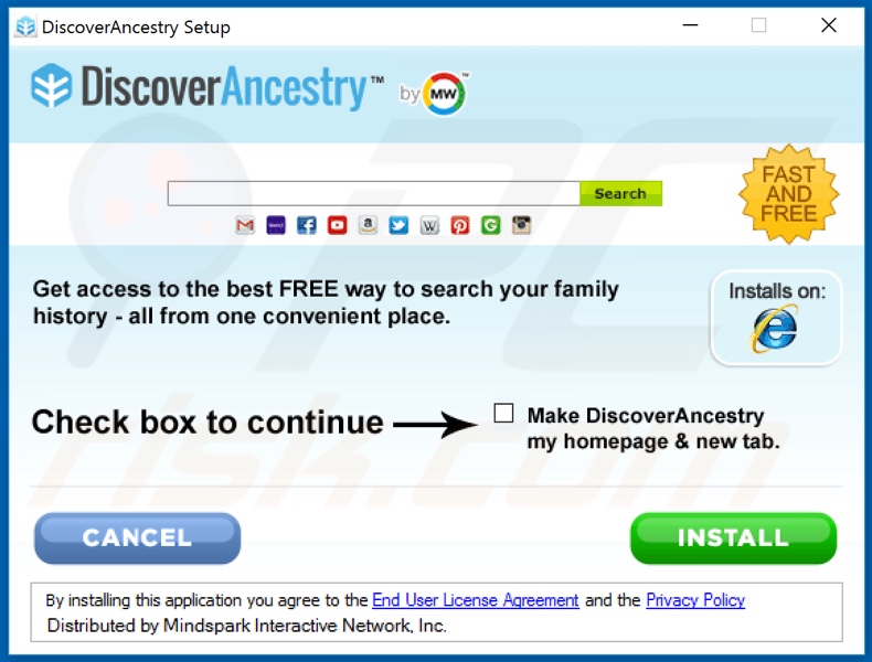 Official DiscoverAncestry browser hijacker installation setup