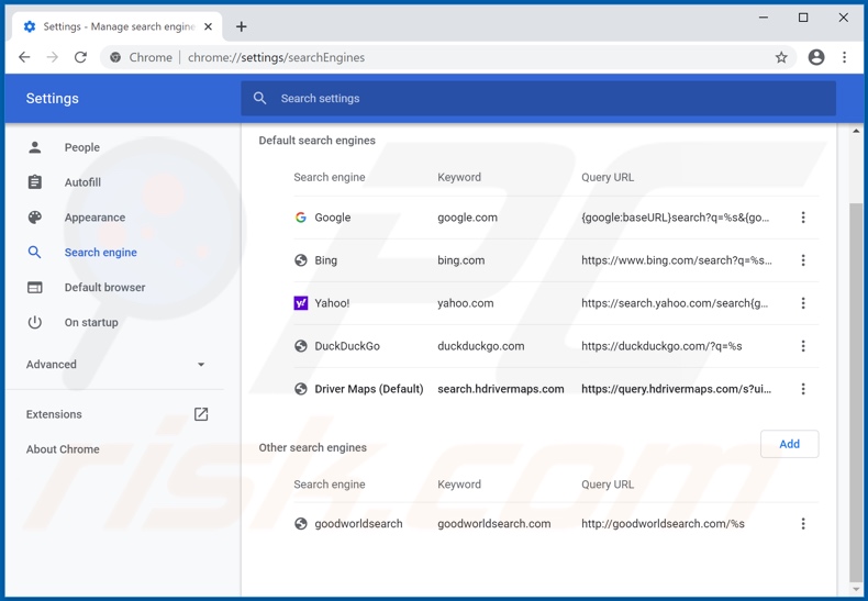 Removing search.hdrivermaps.com from Google Chrome default search engine