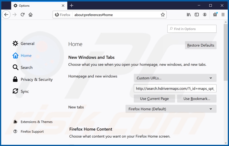 Removing search.hdrivermaps.com from Mozilla Firefox homepage