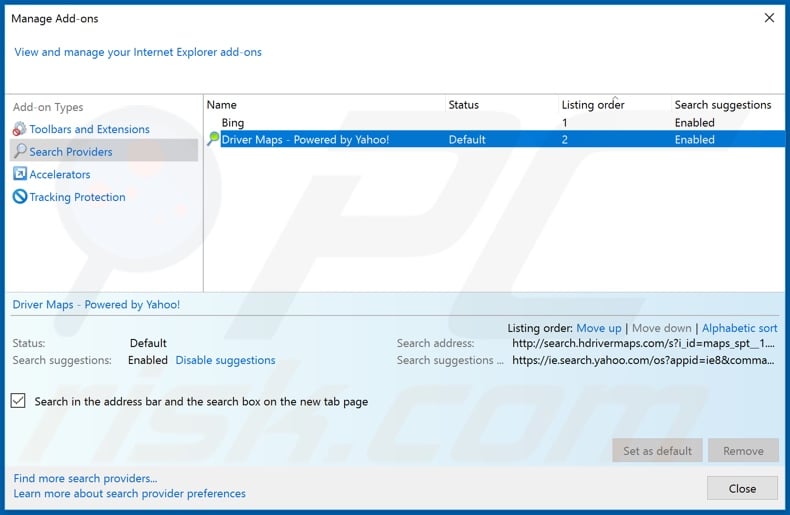Removing search.hdrivermaps.com from Internet Explorer default search engine