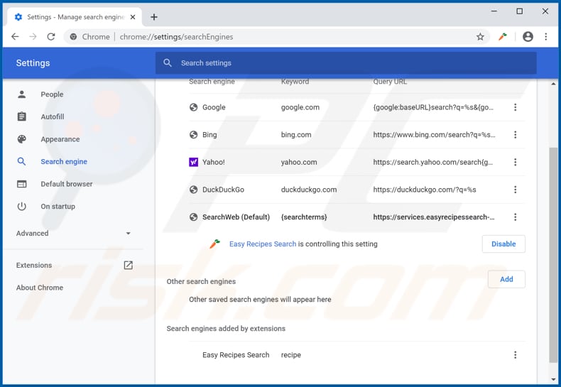 Removing services.easyrecipessearch-svc.com from Google Chrome default search engine
