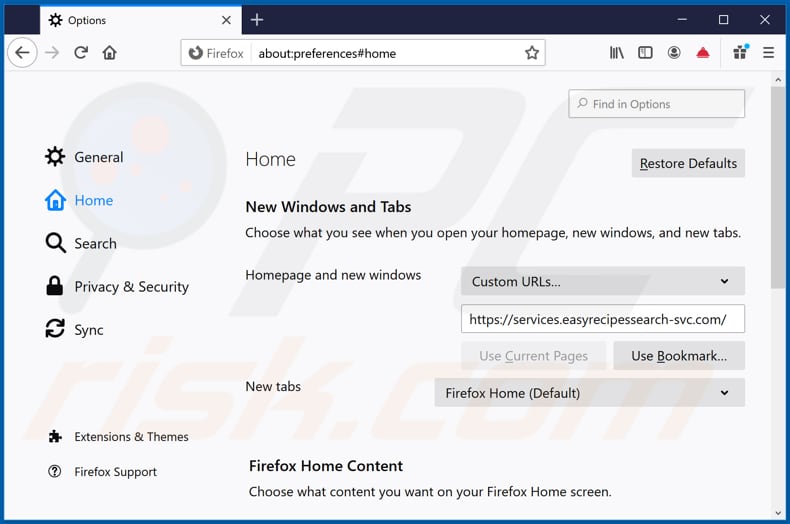 Removing services.easyrecipessearch-svc.com from Mozilla Firefox homepage