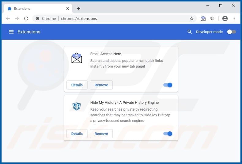 Removing hp.hemailaccesshere.com related Google Chrome extensions