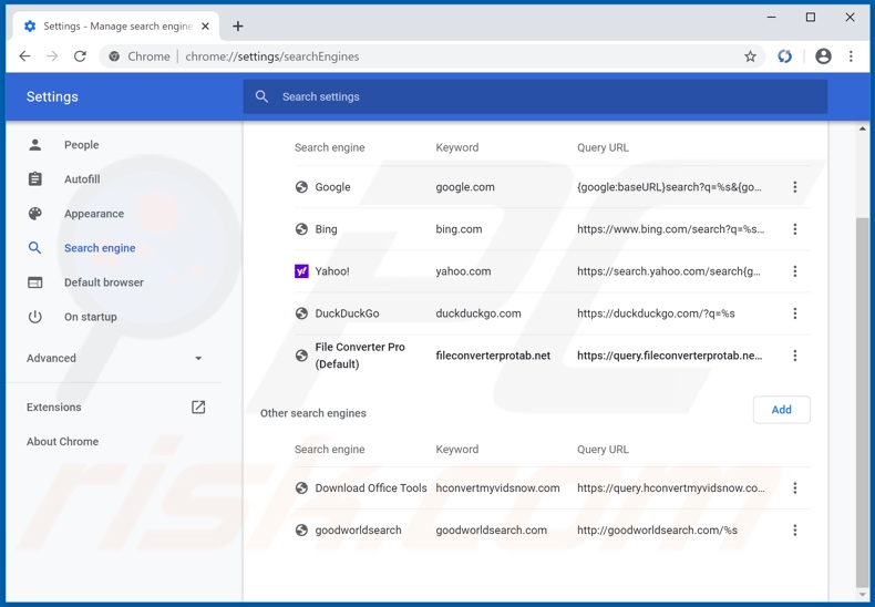 Removing search.fileconverterprotab.net from Google Chrome default search engine