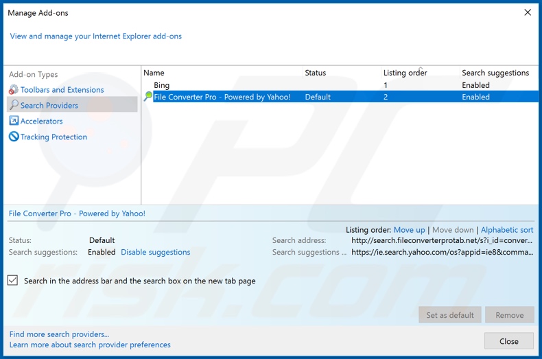 Removing search.fileconverterprotab.net from Internet Explorer default search engine