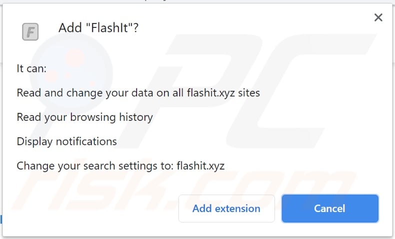 FlashIt browser hijacker asking for permissions