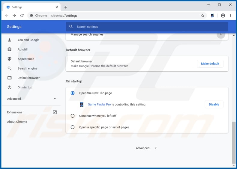 Removing hgamefinderpro.com from Google Chrome homepage