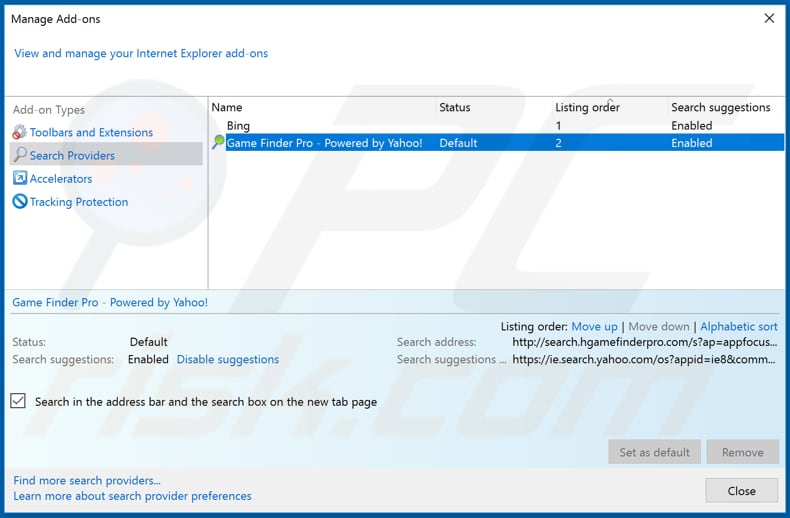 Removing hgamefinderpro.com from Internet Explorer default search engine