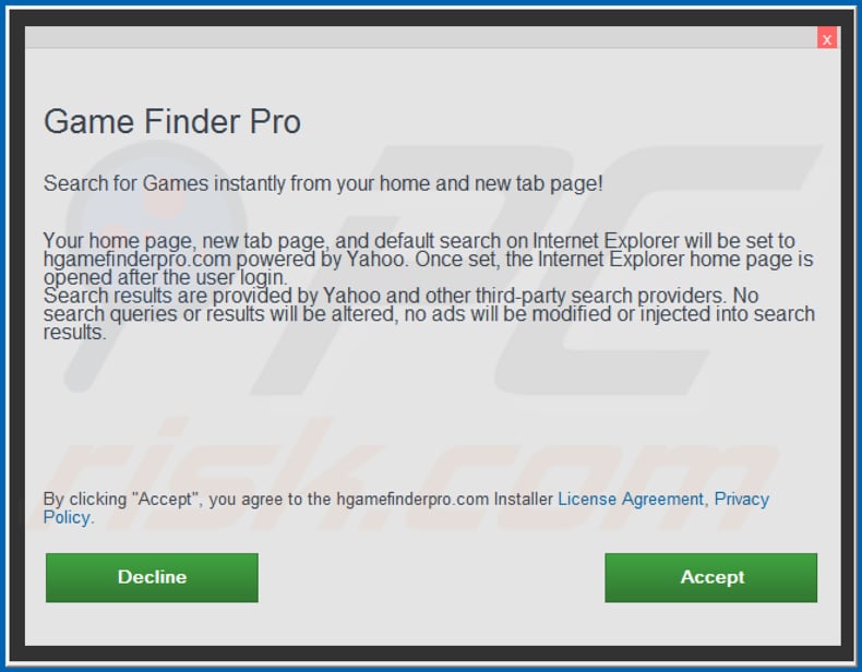 Official Game Finder Pro browser hijacker installation setup