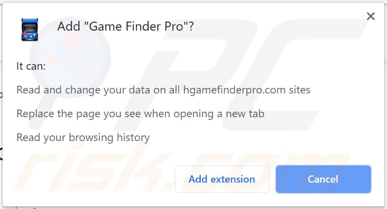 game finder pro browser hijacker asks for permission to be added on a browser