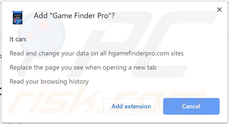 game finder pro browser hijacker asks for permission to be added on a browser