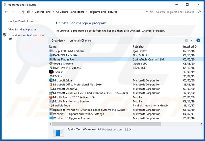 hgamefinderpro.com browser hijacker uninstall via Control Panel