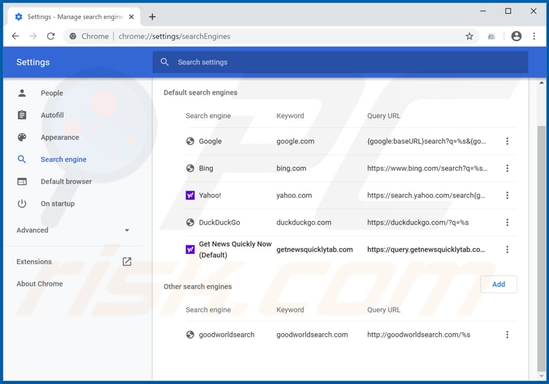 Removing search.getnewsquicklytab.com from Google Chrome default search engine