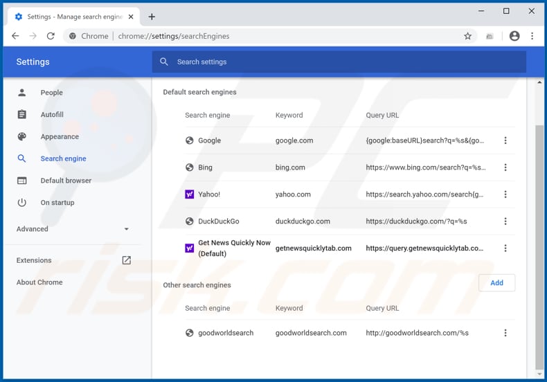 Removing search.getnewsquicklytab.com from Google Chrome default search engine