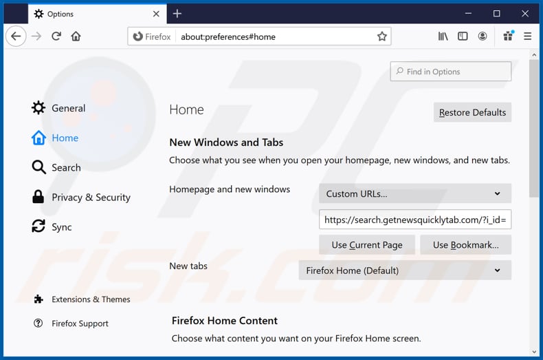 Removing search.getnewsquicklytab.com from Mozilla Firefox homepage
