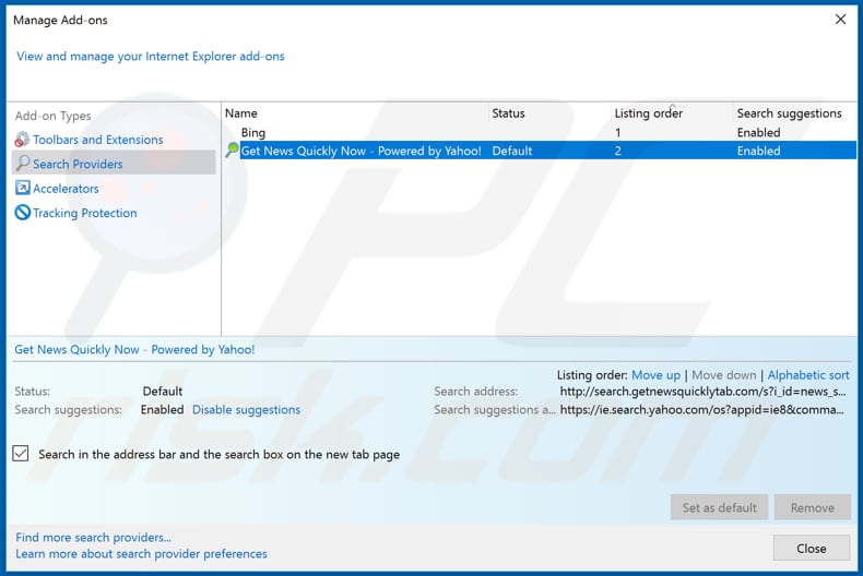 Removing search.getnewsquicklytab.com from Internet Explorer default search engine