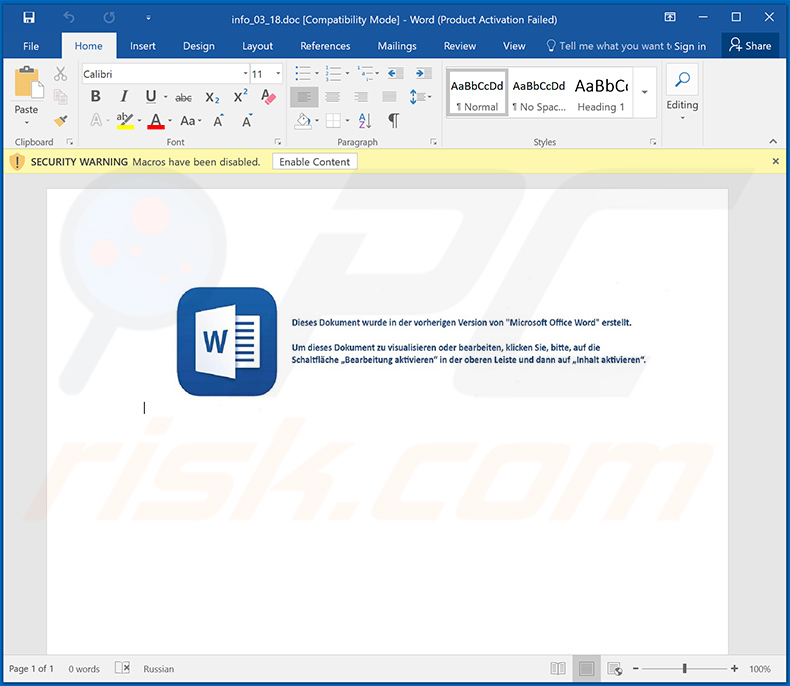 Gozi (Ursnif) trojan-injecting MS Word document