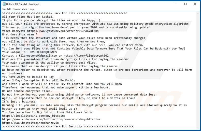 Hack For Life decrypt instructions (Unlock_All_Files.txt)