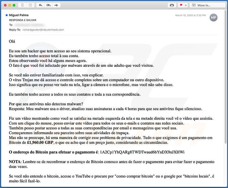 Portuguese variant of Hacker Who Has Access To Your Operating System email scam
